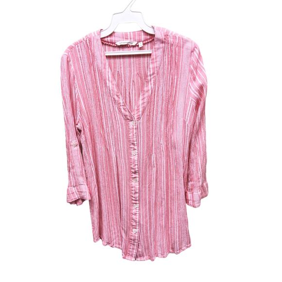Soft Surroundings Gauzy Tunic Blouse V Neck Striped Coral Top 3/4 Sleeve Size S - Picture 1 of 8